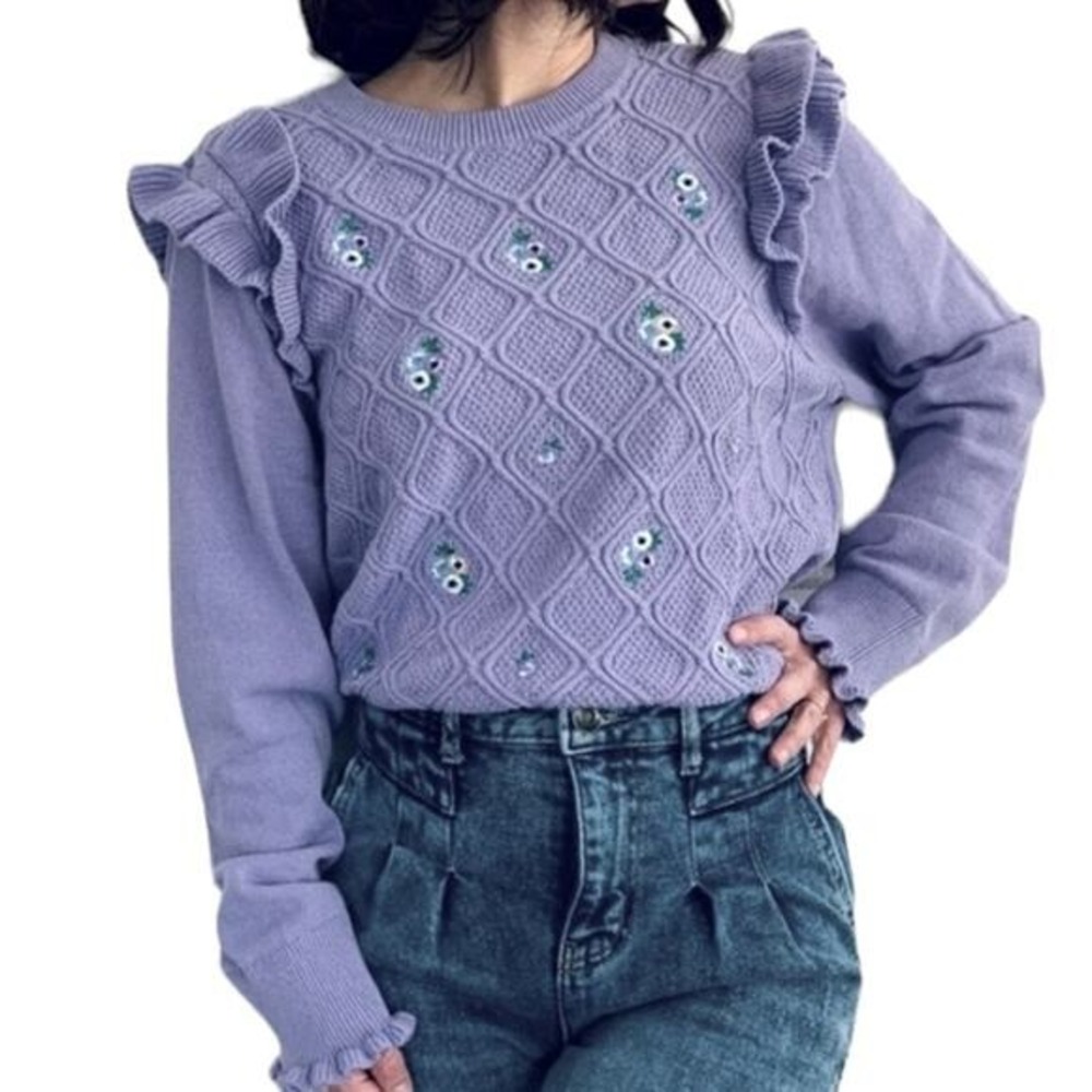 Lavender‎ Embroidered Ruffle Sweater Cottagecore Spring XL NWT Charter Club